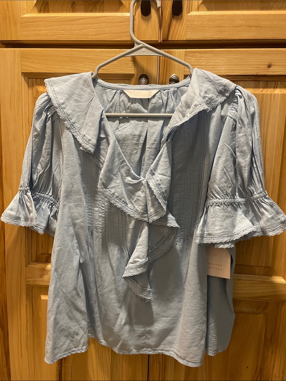 LC Lauren Conrad Light Blue Ruffle V-Neck Blouse